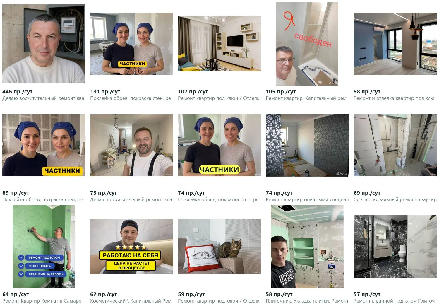 Главные фотографии 15 объявлений-лидеров ниши, подписанные просмотрами в сутки