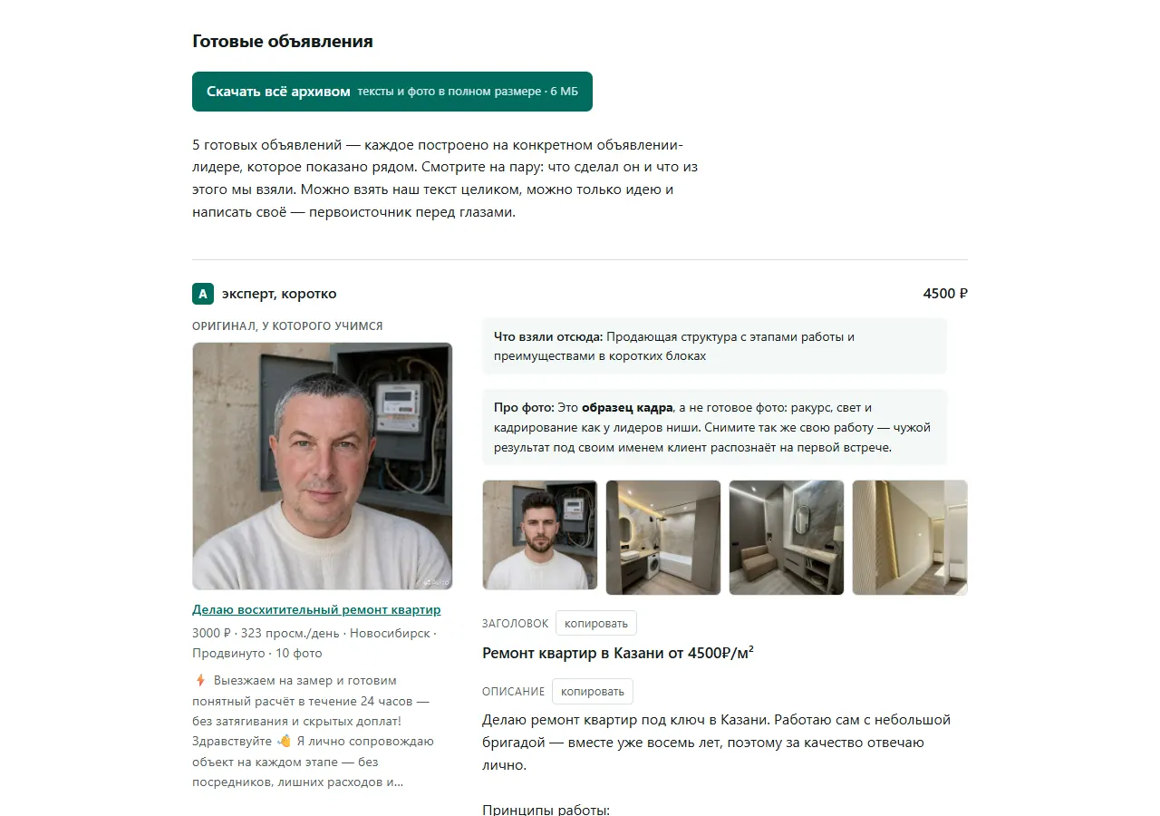 Страница разбора ниши: чем объявления-лидеры отличаются от остальных